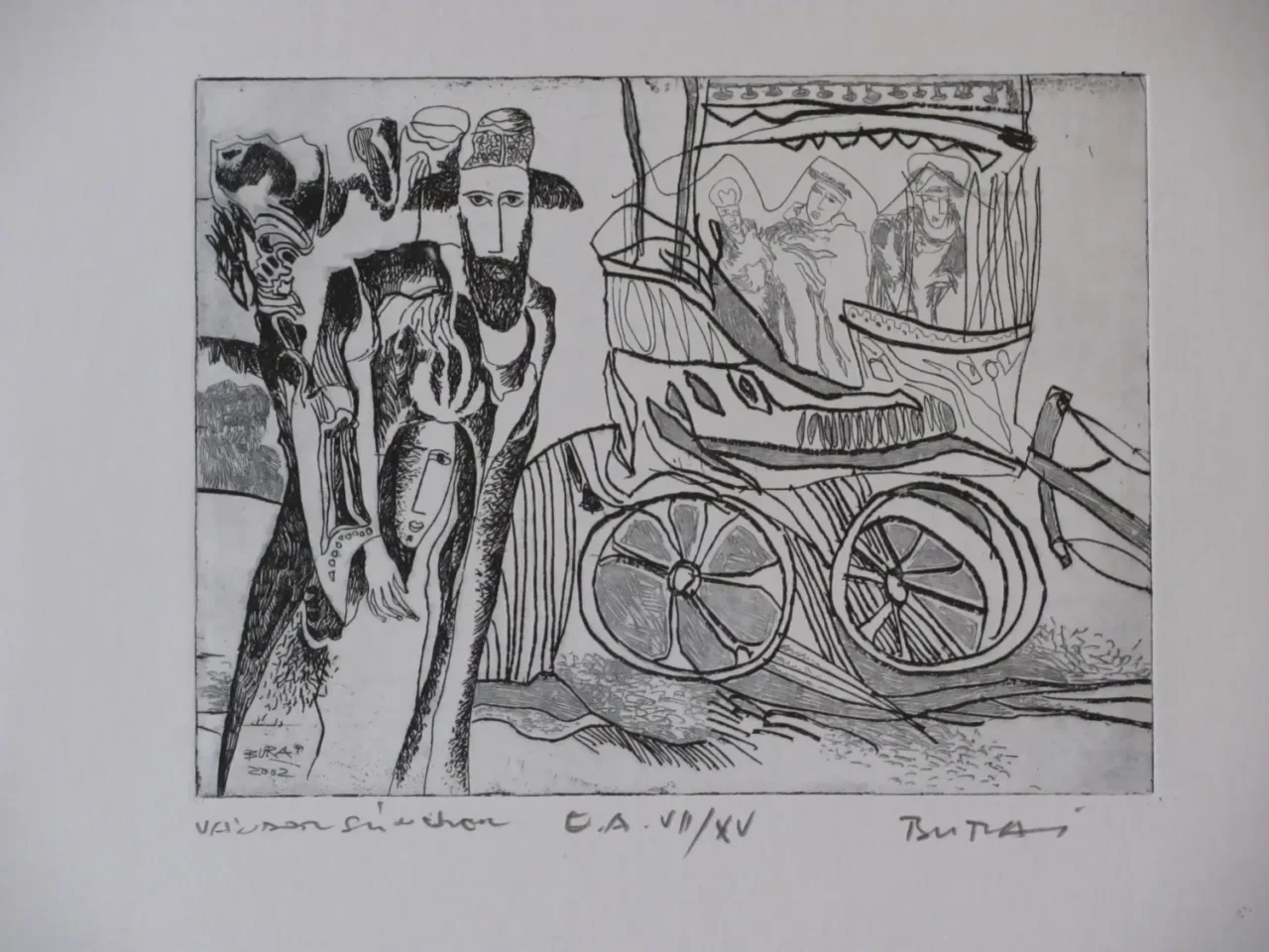 Migratory actors - 15x20 cm etching 2002